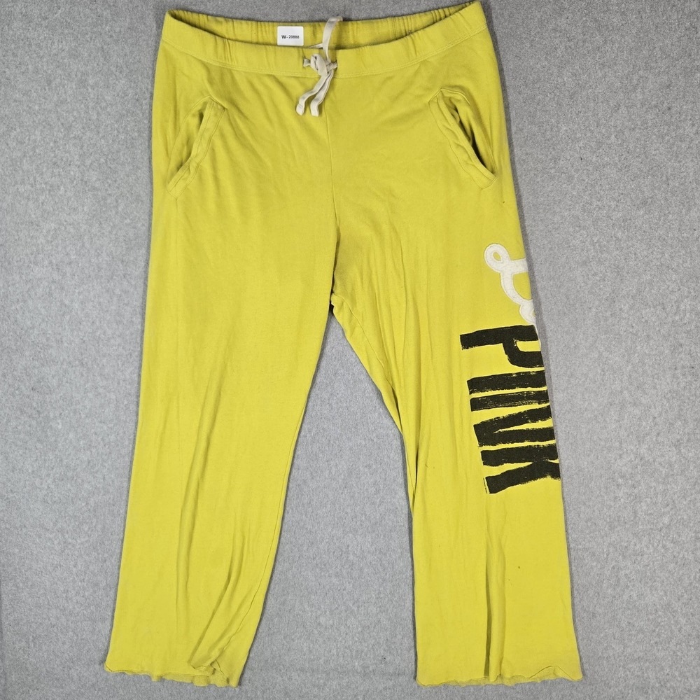 PINK Victoria's Secret Women Activewear Pants L Yellow Sweatpants Graphic Love